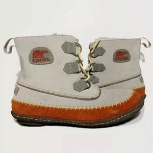 Sorel Joplin Suede Silver sage Rust Moccasin Ankle Boots Sz 8 NL1940-103